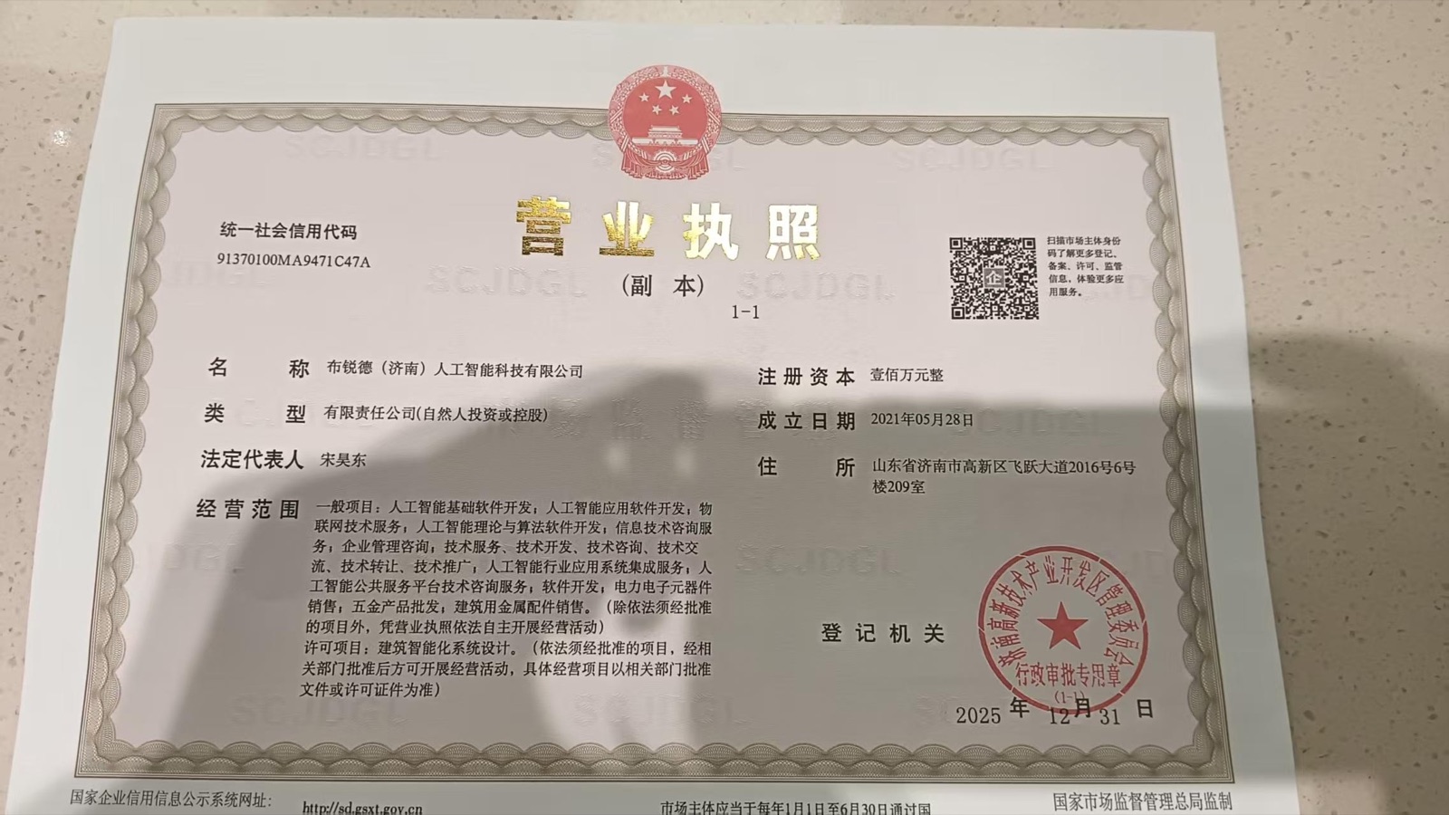 布锐德（济南）人工智能科技有限公司营业执照